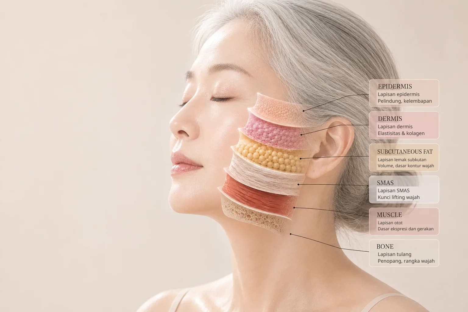 Diagram lapisan wajah — epidermis · dermis · lemak subkutan · SMAS · otot · tulang