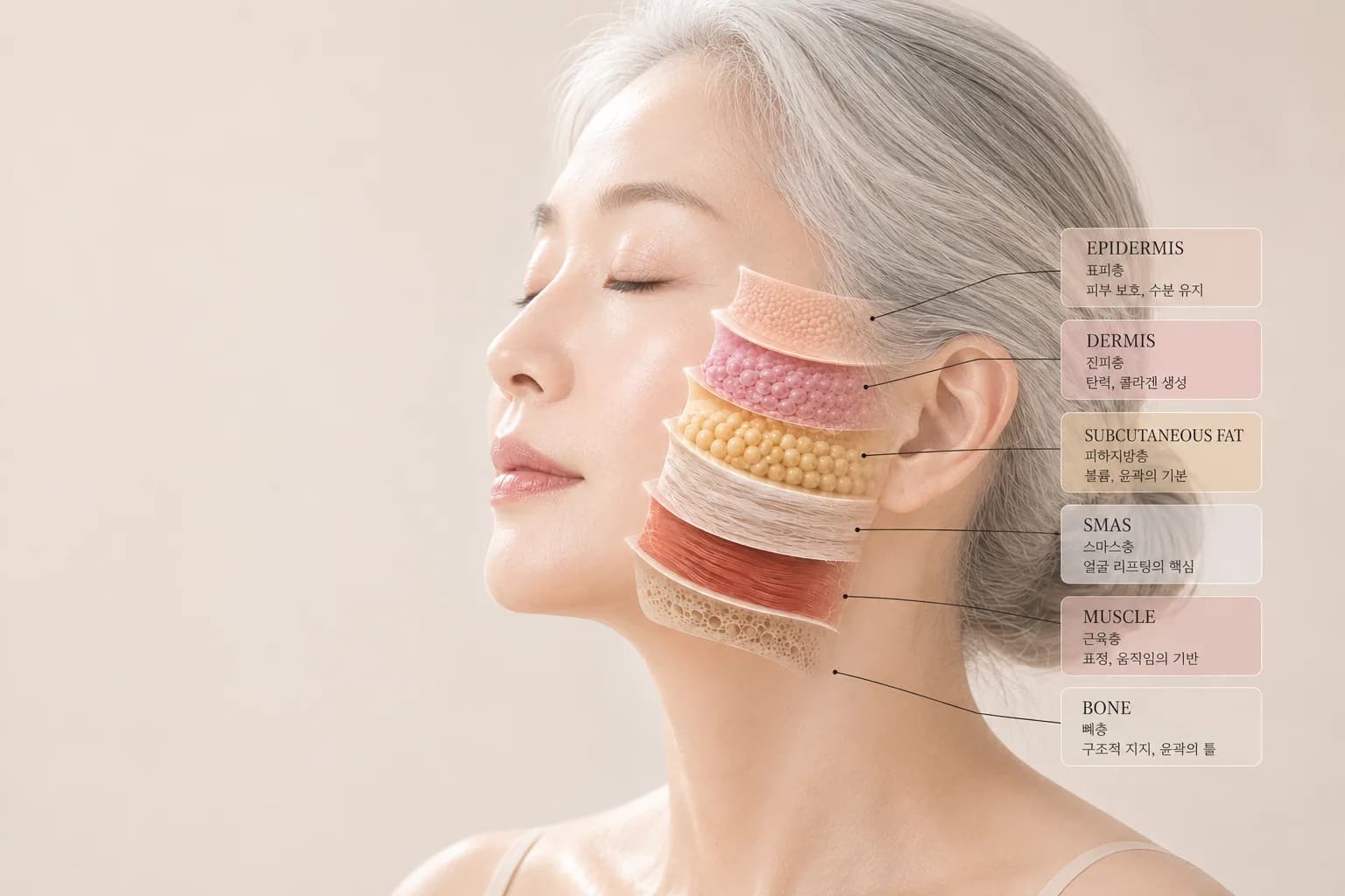 얼굴 층 구조 도해 — 표피 · 진피 · 피하지방 · SMAS · 근육 · 뼈
