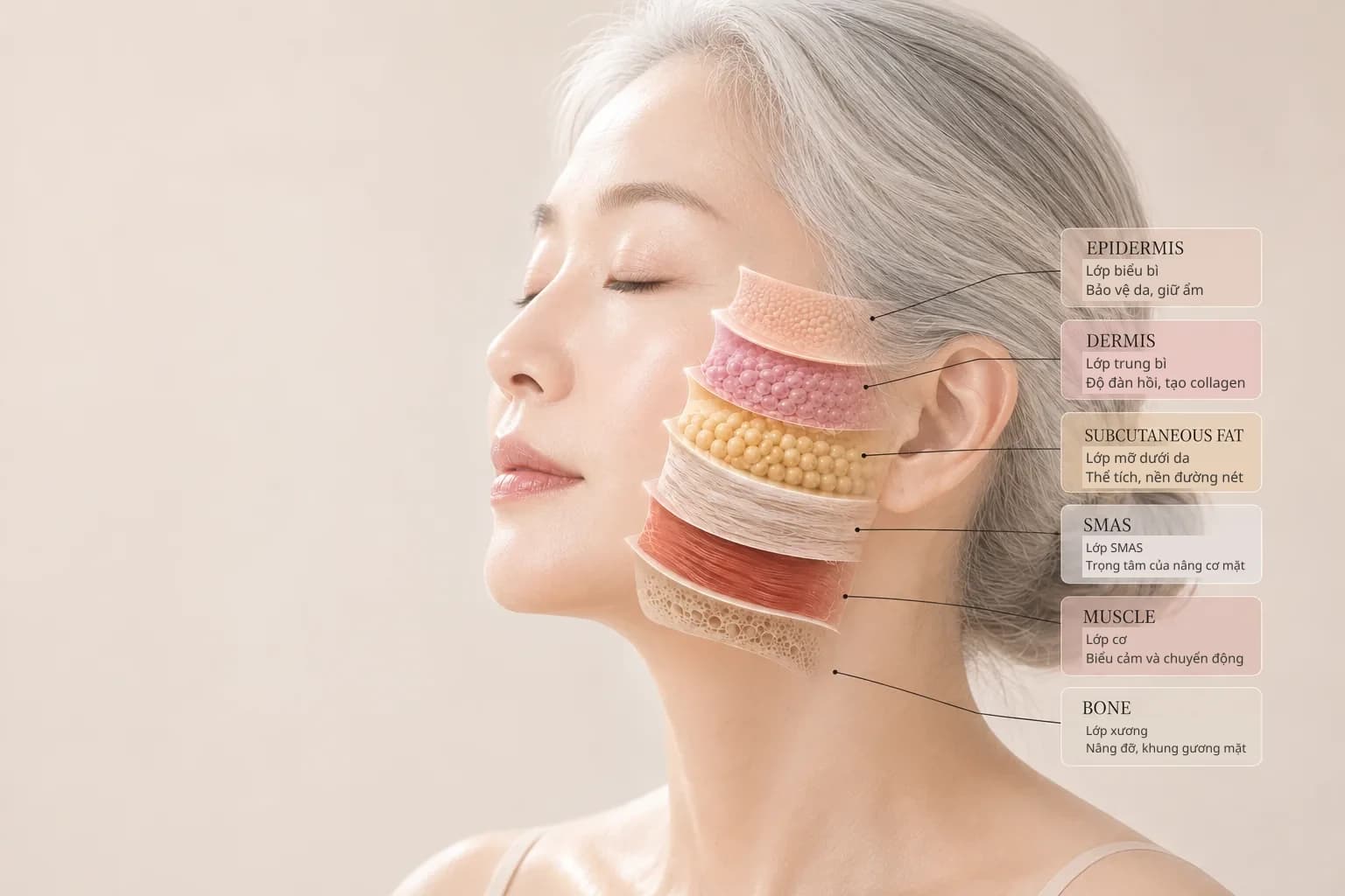 Sơ đồ các lớp của khuôn mặt — biểu bì · trung bì · mỡ dưới da · SMAS · cơ · xương